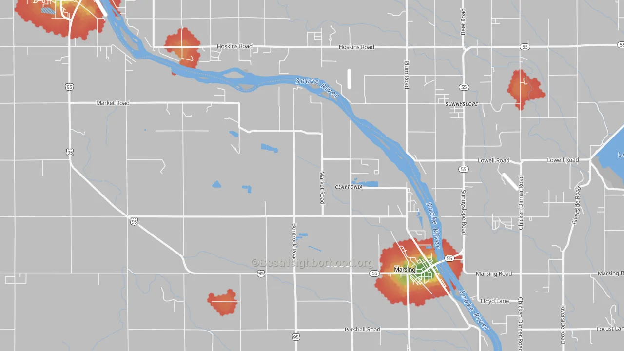 Walk Grade map of Huston, ID, walkable areas in green and car-dependent areas in red