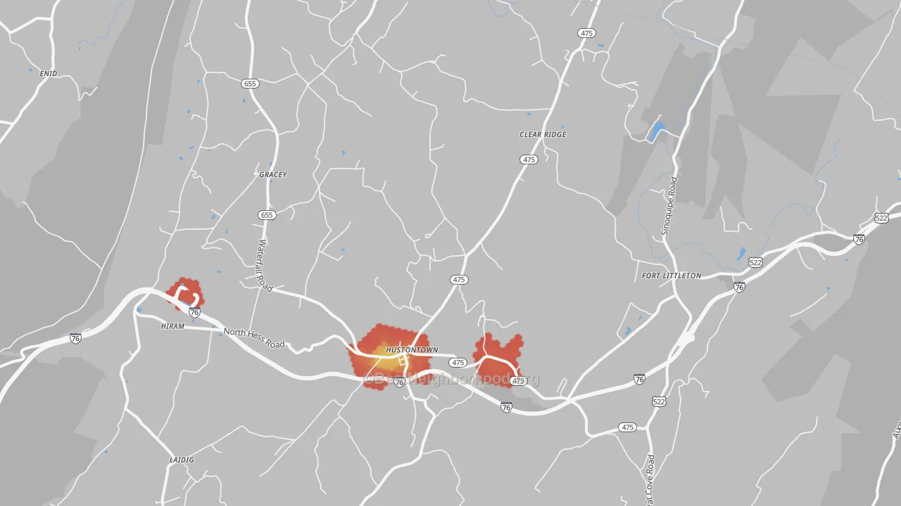Walk Grade map of Hustontown, PA, walkable areas in green and car-dependent areas in red