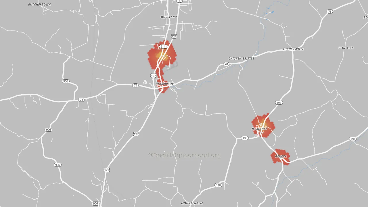 Walk Grade map of Hustonville, KY, walkable areas in green and car-dependent areas in red