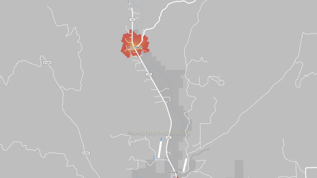 Walk Grade map of Husum, WA, walkable areas in green and car-dependent areas in red