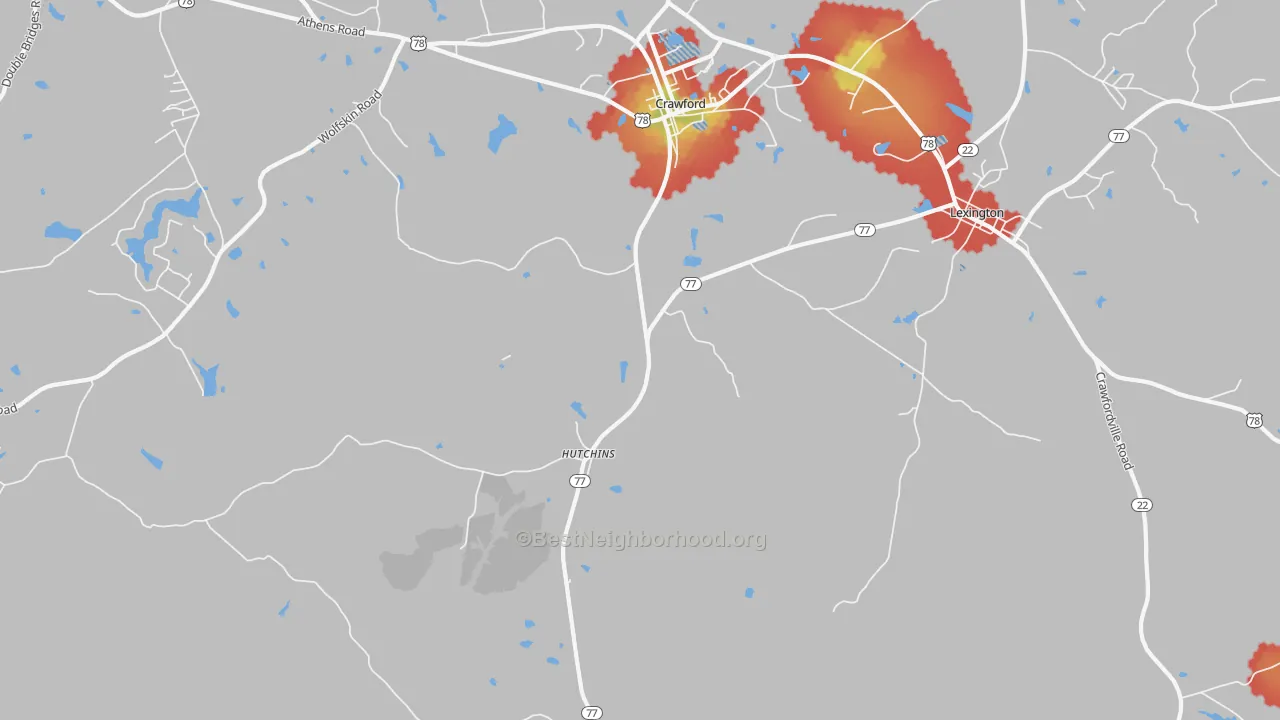 Walk Grade map of Hutchins, GA, walkable areas in green and car-dependent areas in red