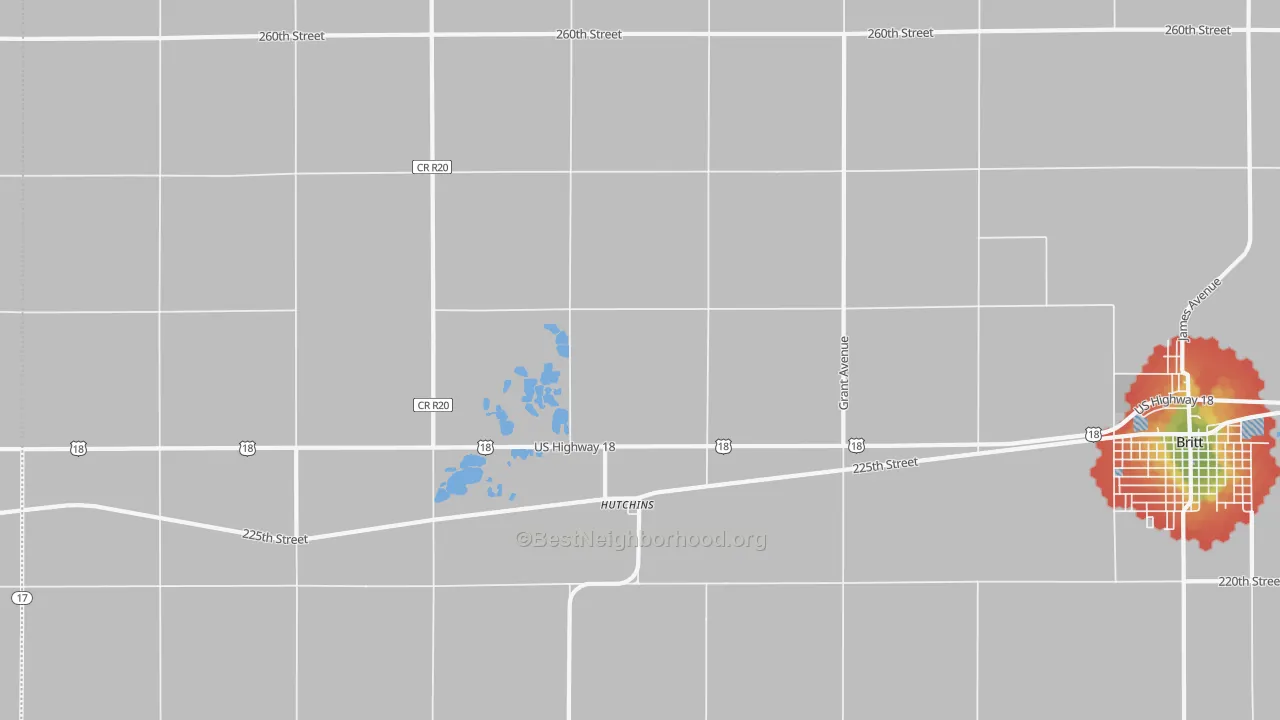 Walk Grade map of Hutchins, IA, walkable areas in green and car-dependent areas in red