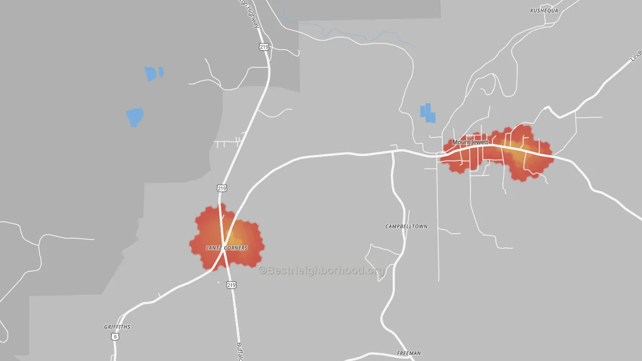 Walk Grade map of Hutchins, PA, walkable areas in green and car-dependent areas in red