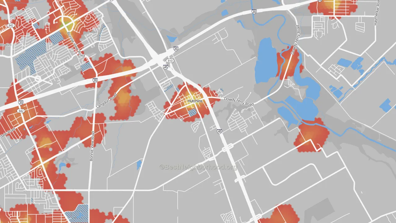 Walk Grade map of Hutchins, TX, walkable areas in green and car-dependent areas in red