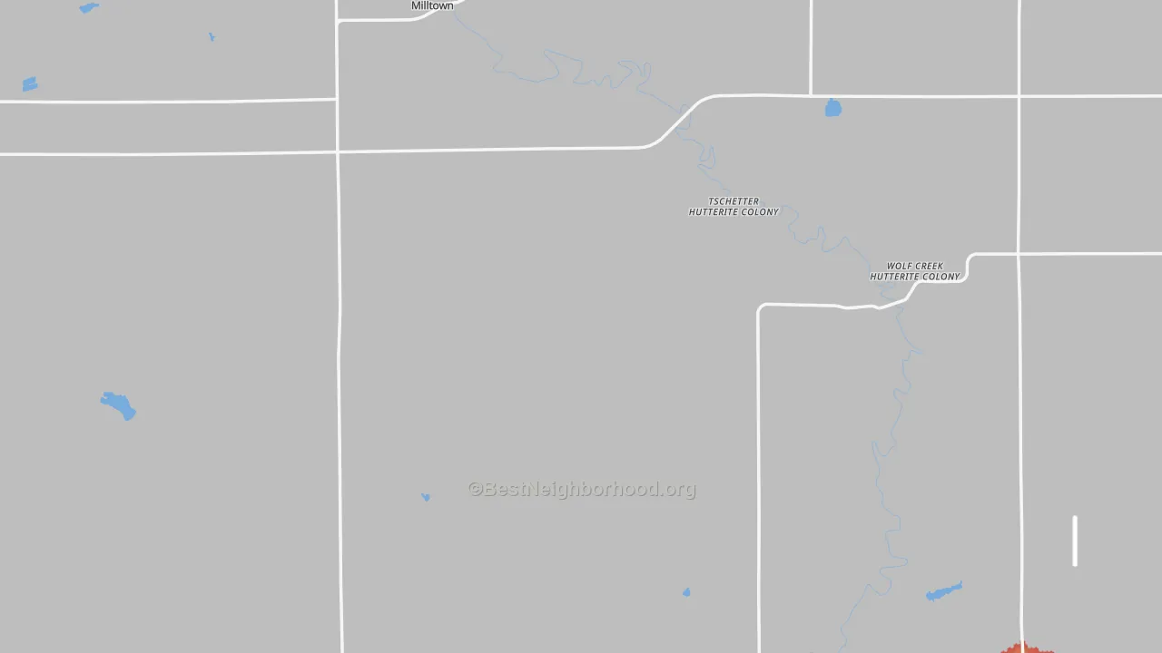 Walk Grade map of Hutchinson County, SD, walkable areas in green and car-dependent areas in red