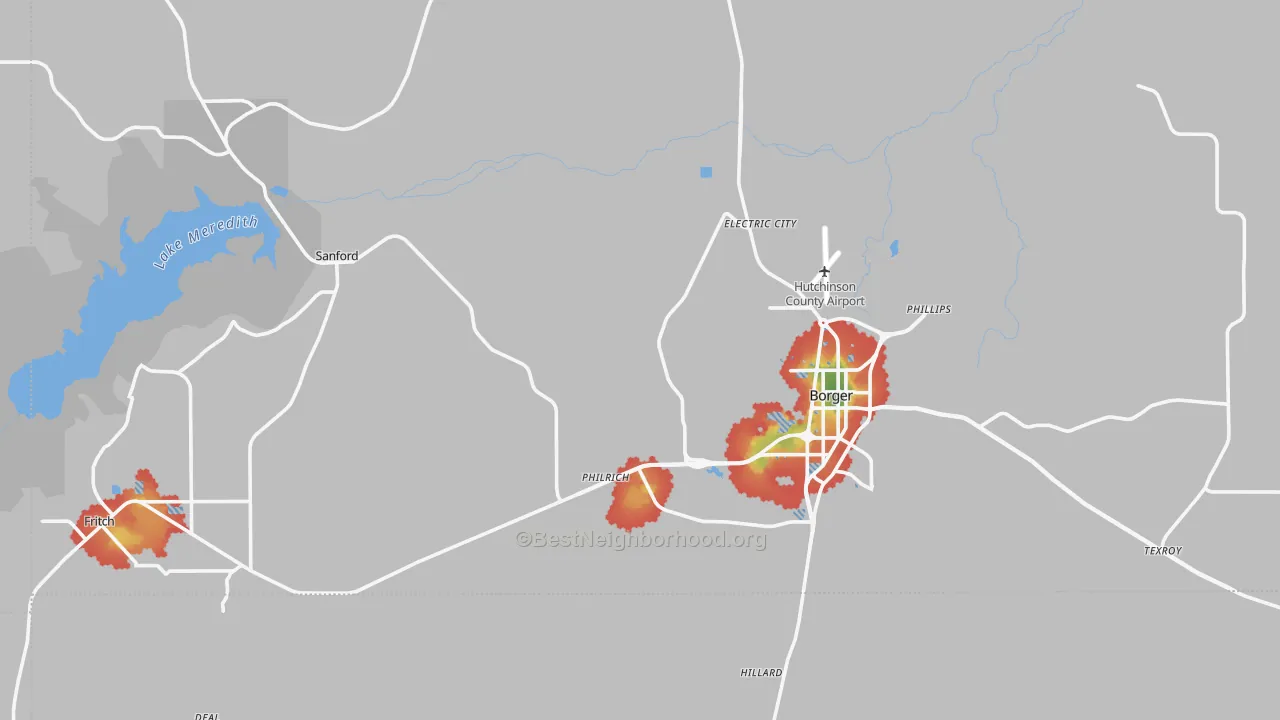 Walk Grade map of Hutchinson County, TX, walkable areas in green and car-dependent areas in red