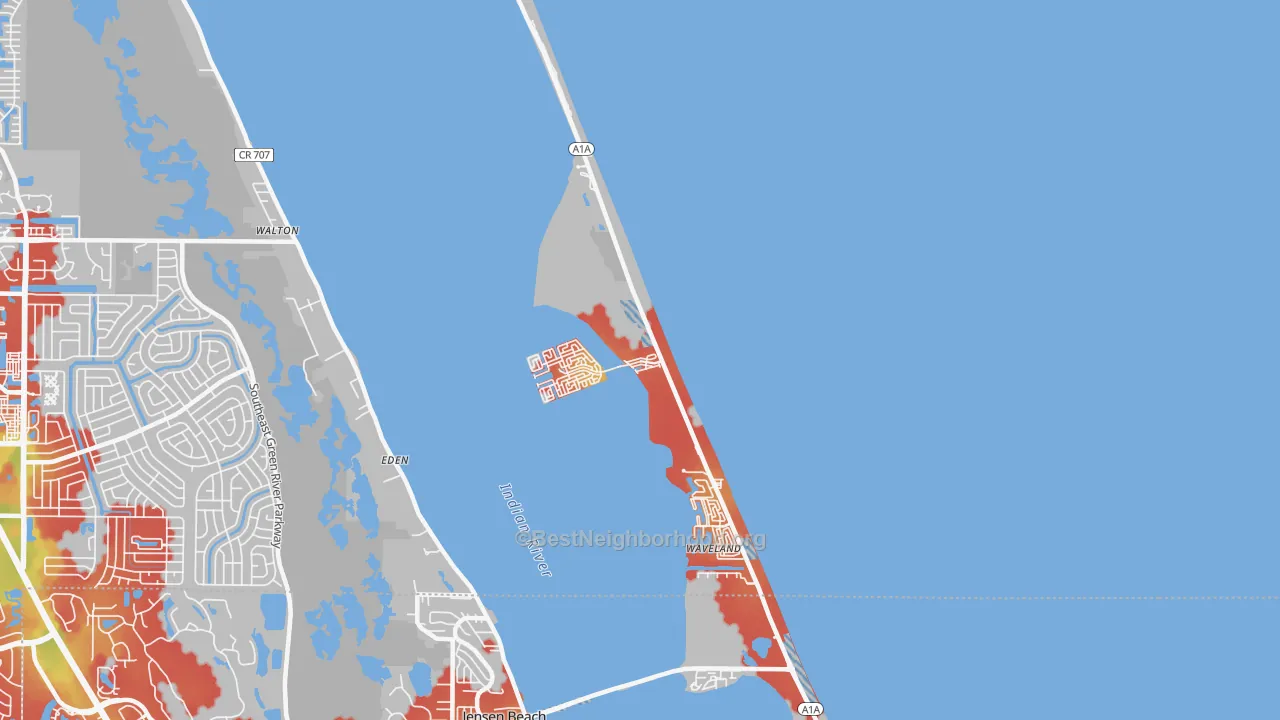 Walk Grade map of Hutchinson Island South, FL, walkable areas in green and car-dependent areas in red