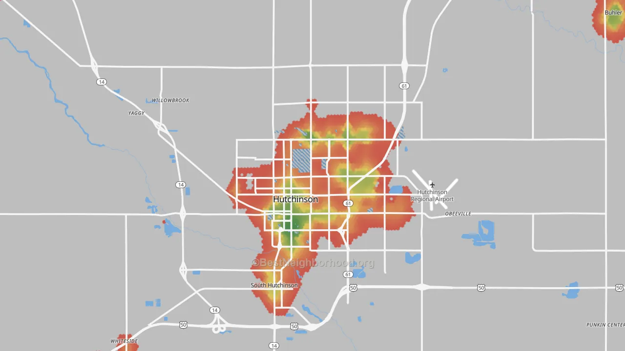 Walk Grade map of Hutchinson, KS, walkable areas in green and car-dependent areas in red