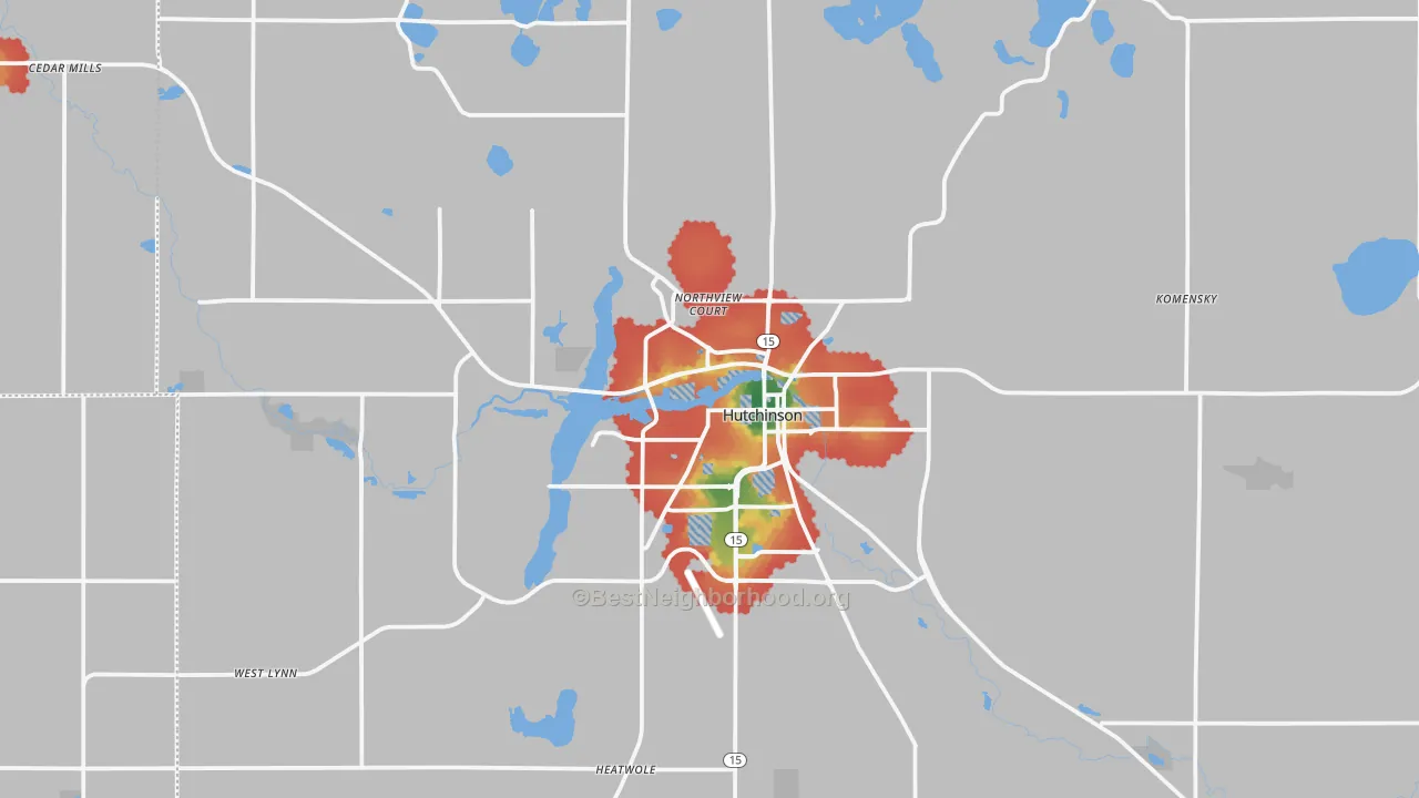 Walk Grade map of Hutchinson, MN, walkable areas in green and car-dependent areas in red