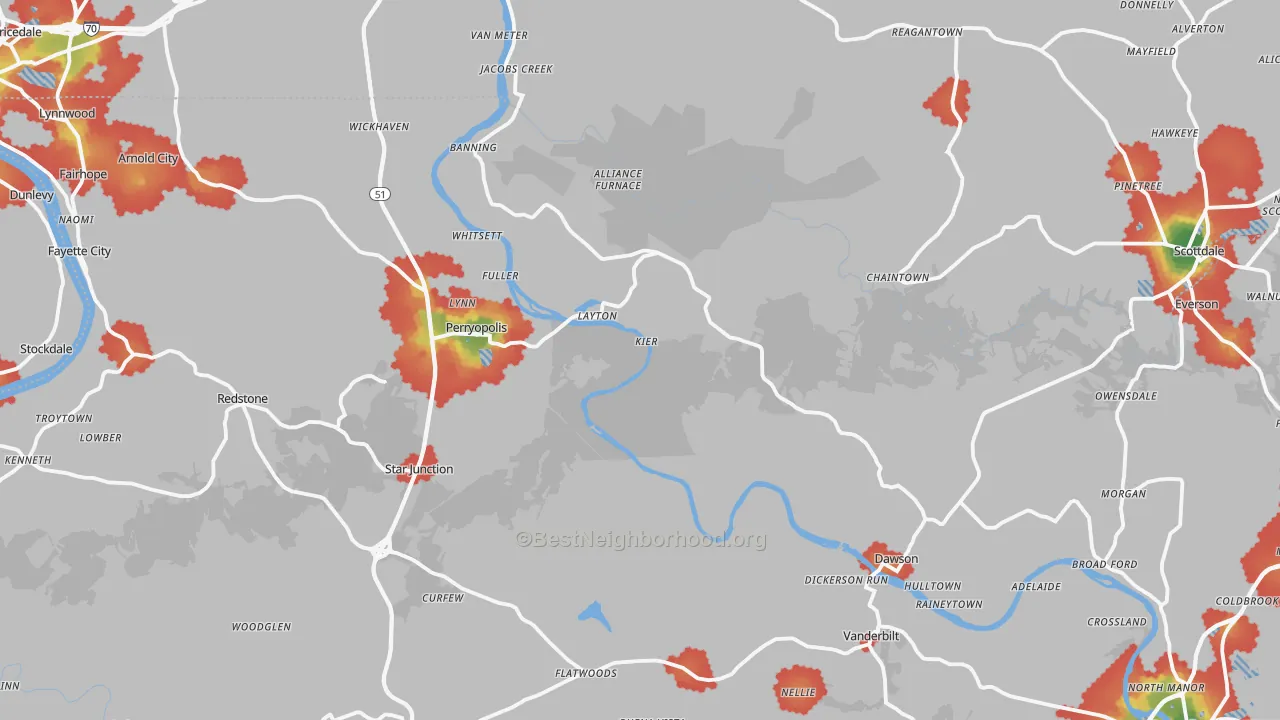Walk Grade map of Hutchinson, PA, walkable areas in green and car-dependent areas in red