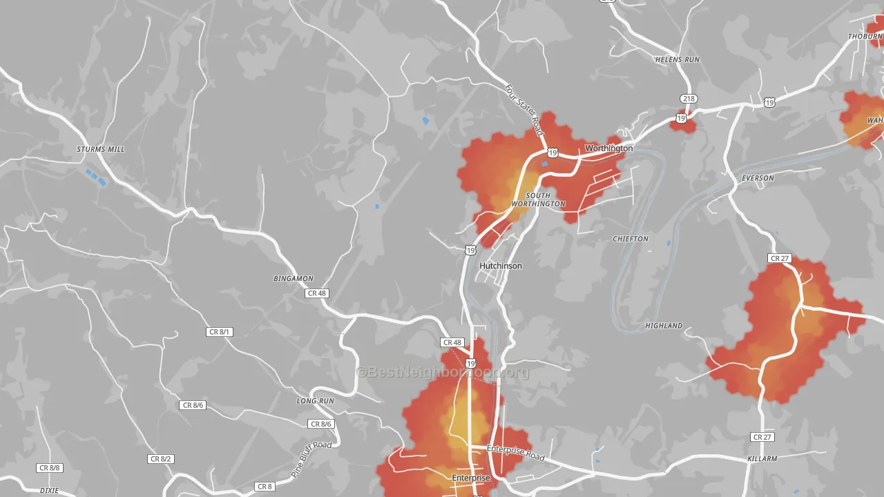 Walk Grade map of Hutchinson, WV, walkable areas in green and car-dependent areas in red