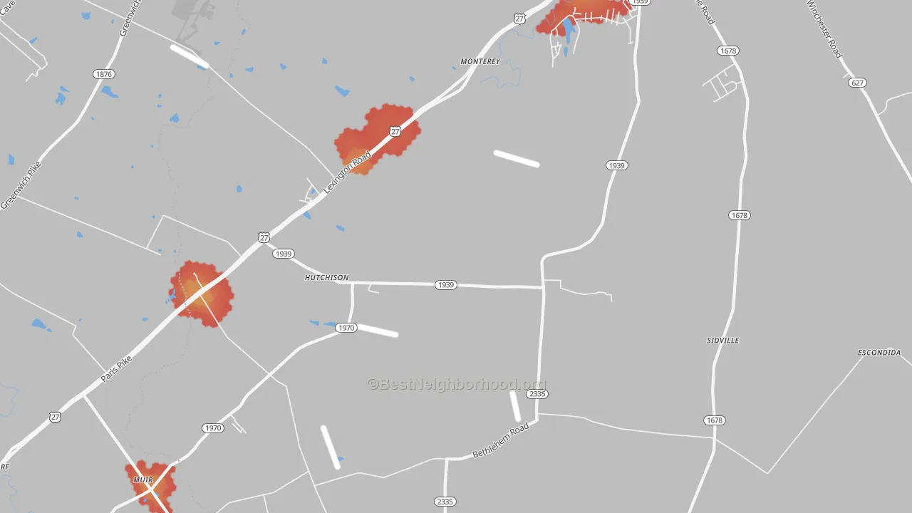 Walk Grade map of Hutchison, KY, walkable areas in green and car-dependent areas in red