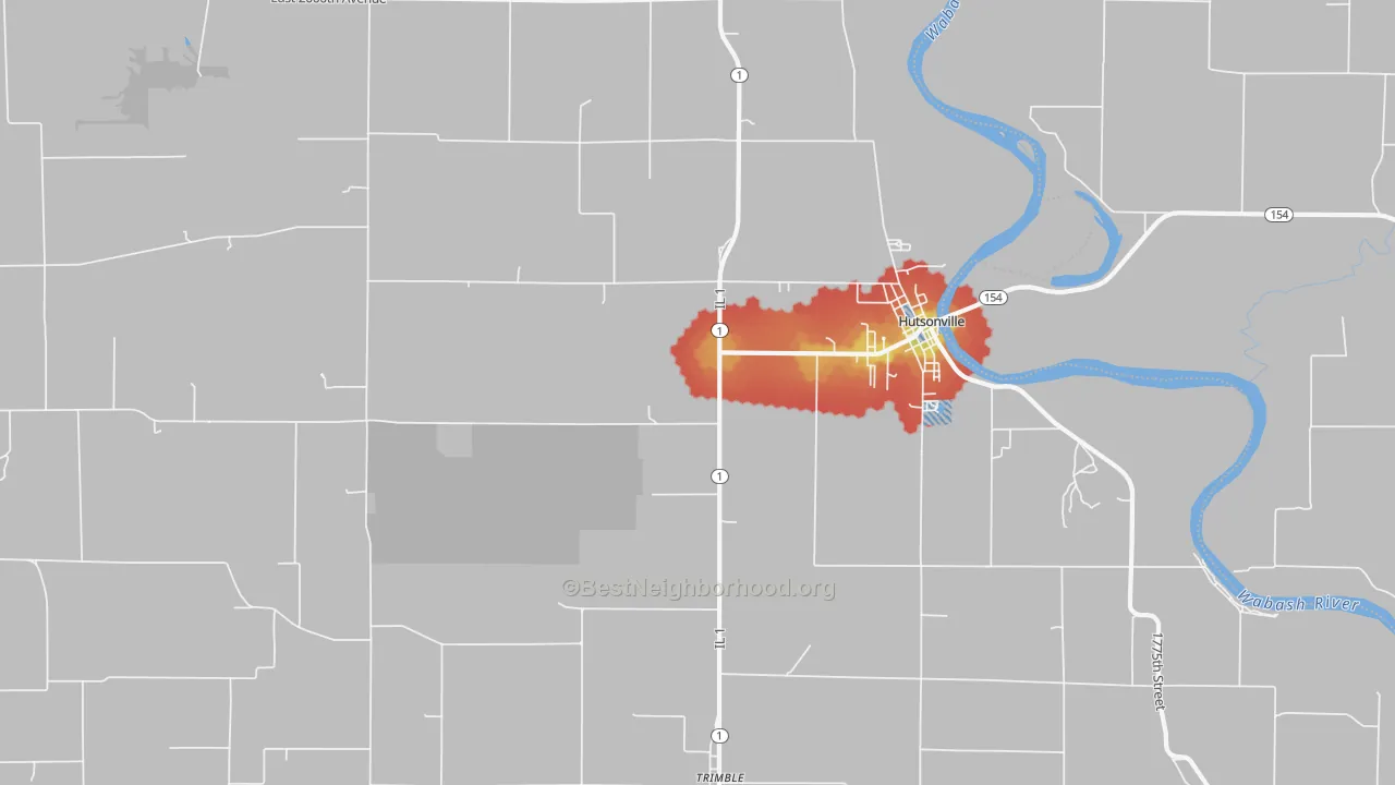 Walk Grade map of Hutsonville, IL, walkable areas in green and car-dependent areas in red