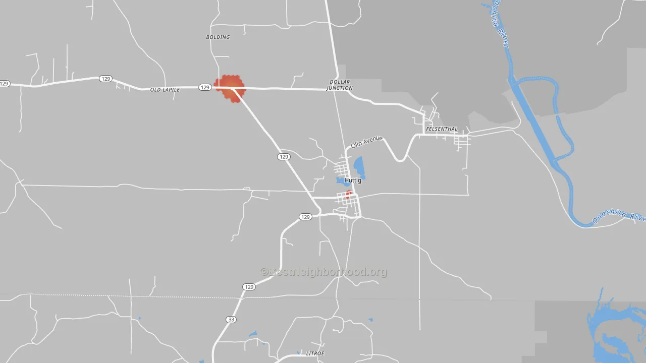 Walk Grade map of Huttig, AR, walkable areas in green and car-dependent areas in red