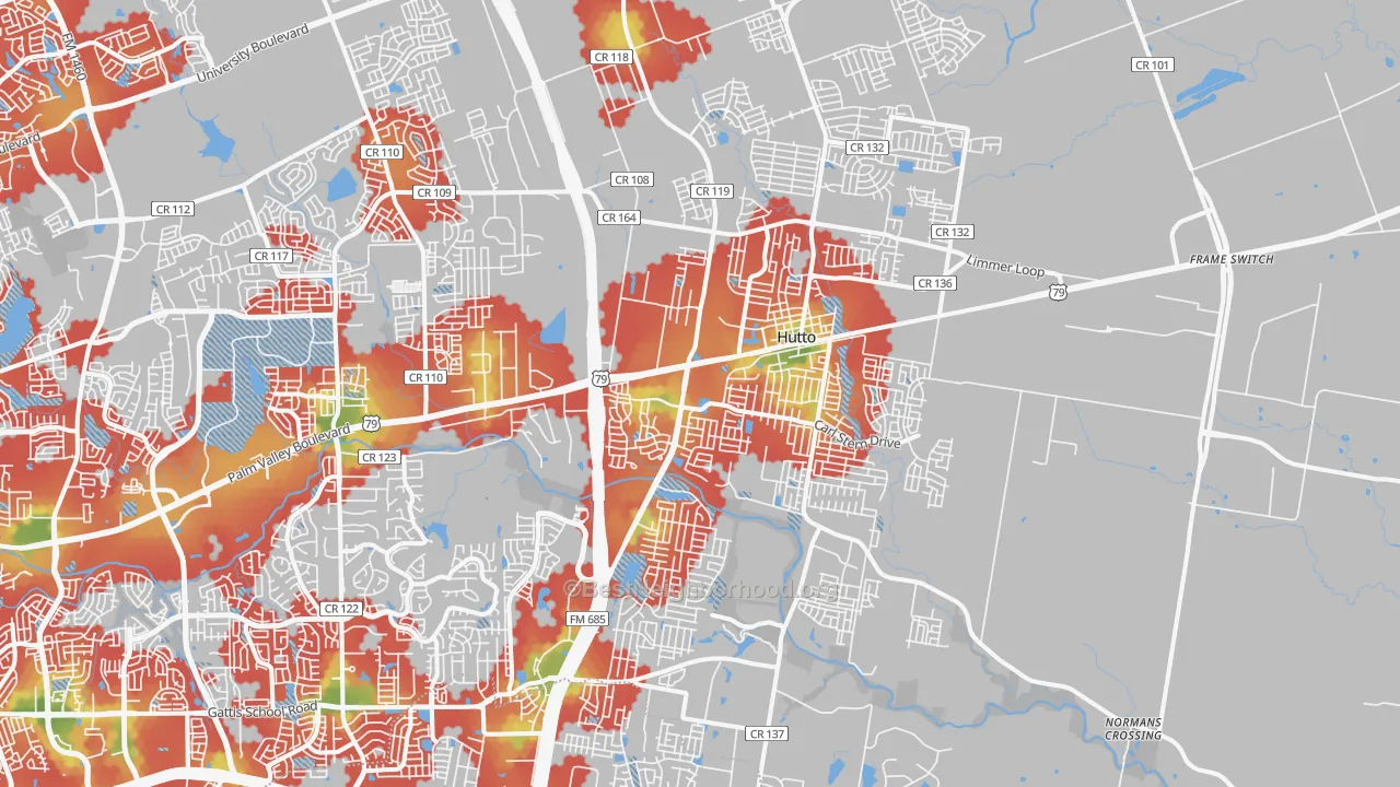 Walk Grade map of Hutto, TX, walkable areas in green and car-dependent areas in red