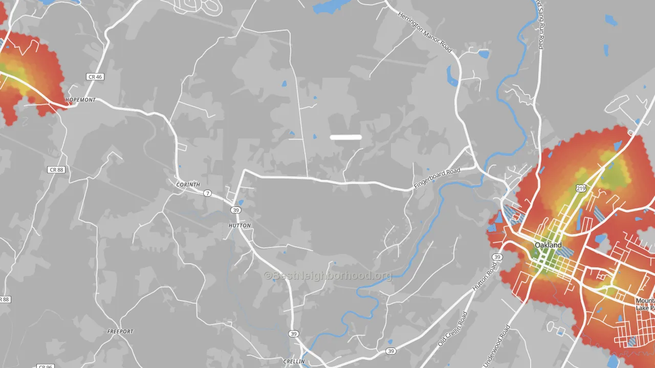 Walk Grade map of Hutton, MD, walkable areas in green and car-dependent areas in red