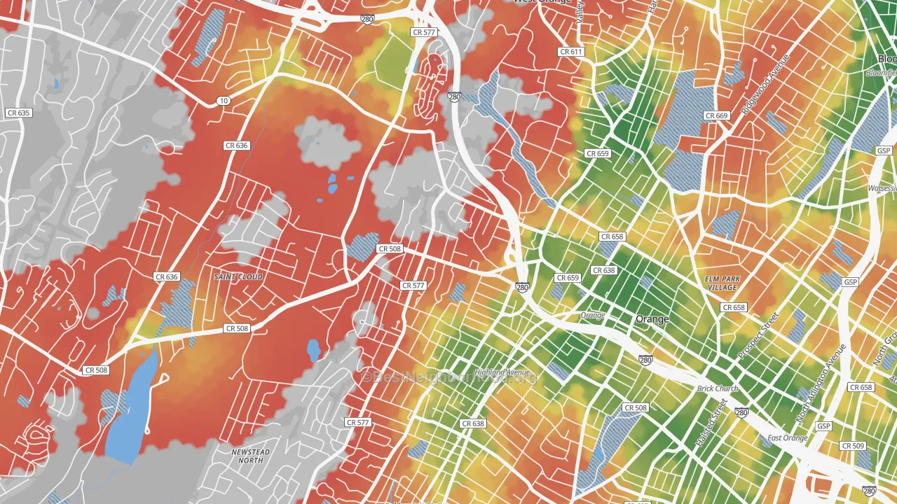 Walk Grade map of Hutton Park, West Orange, NJ, walkable areas in green and car-dependent areas in red