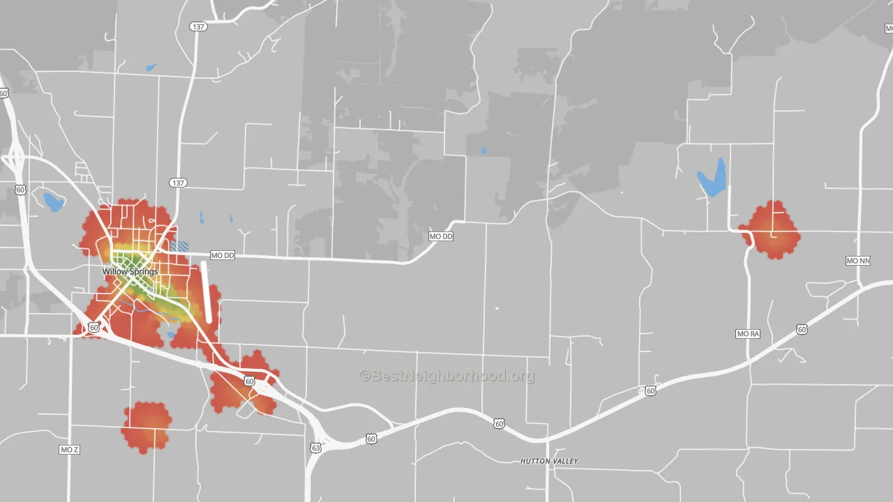 Walk Grade map of Hutton Valley, MO, walkable areas in green and car-dependent areas in red