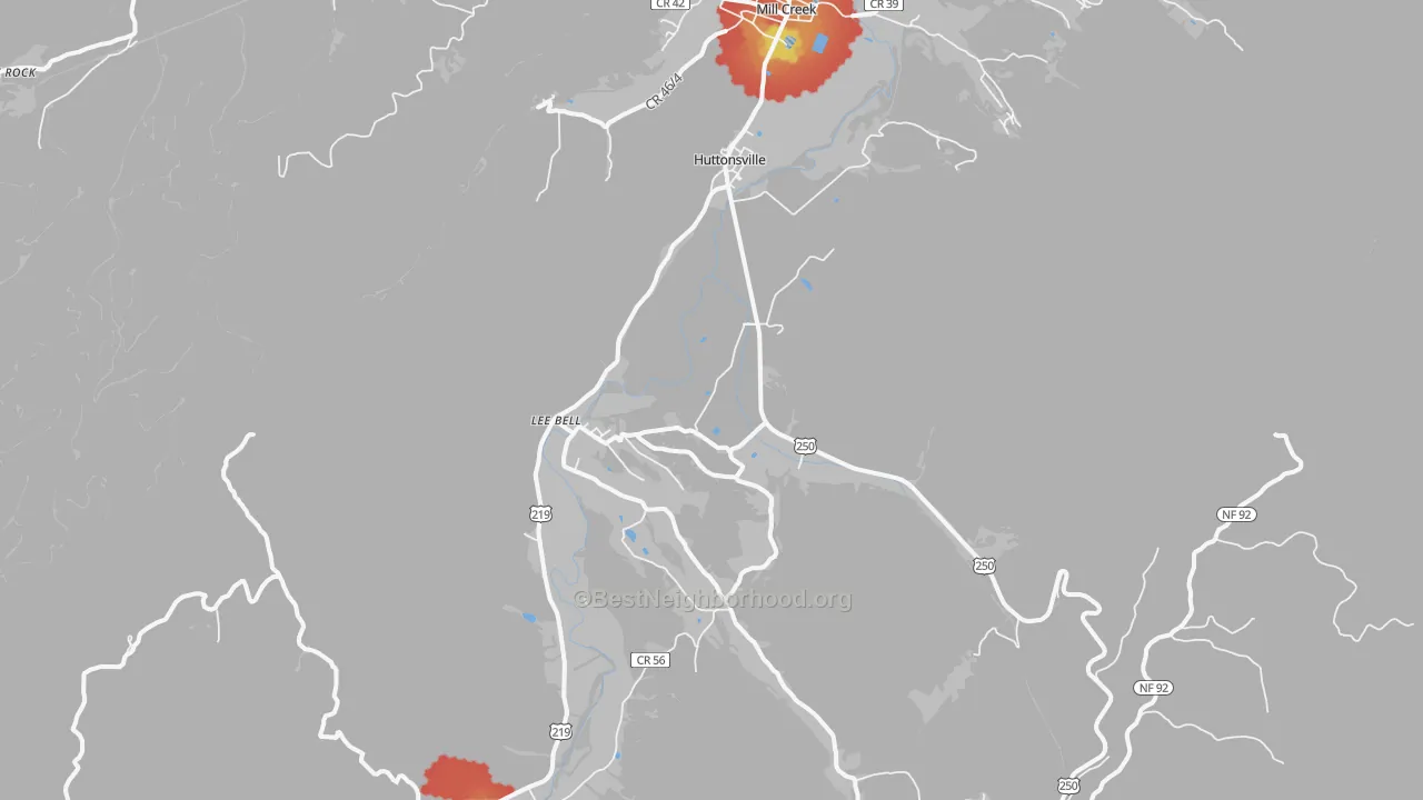 Walk Grade map of Huttonsville, WV, walkable areas in green and car-dependent areas in red