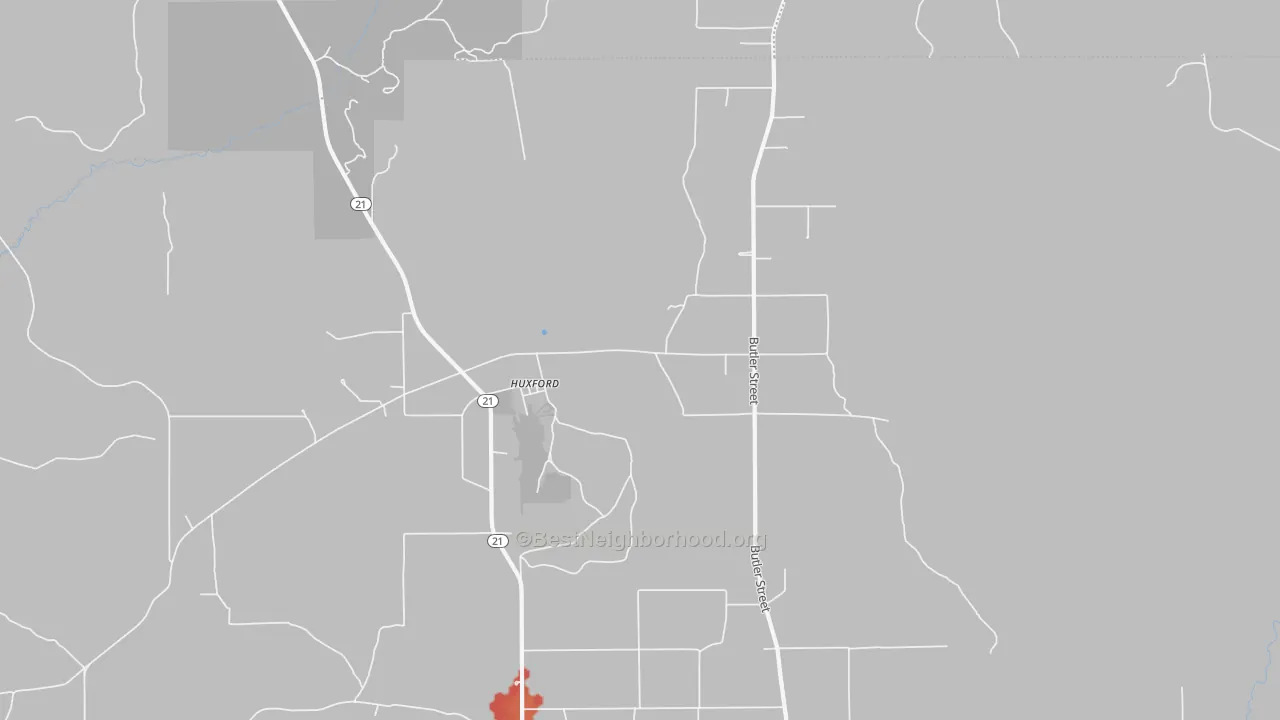 Walk Grade map of Huxford, AL, walkable areas in green and car-dependent areas in red