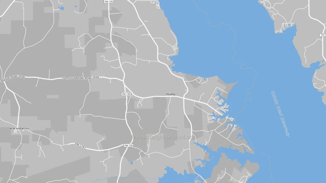 Walk Grade map of Huxley, TX, walkable areas in green and car-dependent areas in red