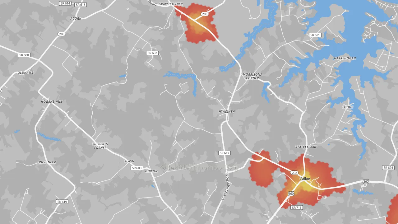 Walk Grade map of Hyacinth, VA, walkable areas in green and car-dependent areas in red