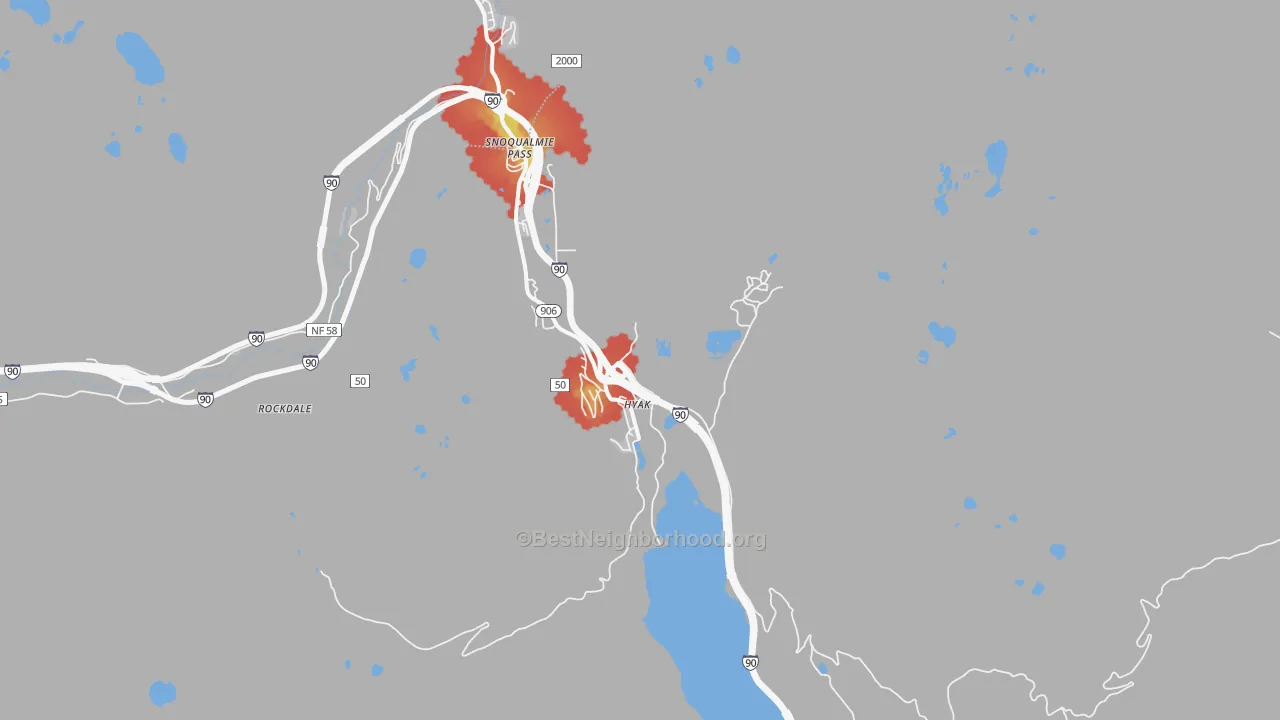 Walk Grade map of Hyak, WA, walkable areas in green and car-dependent areas in red