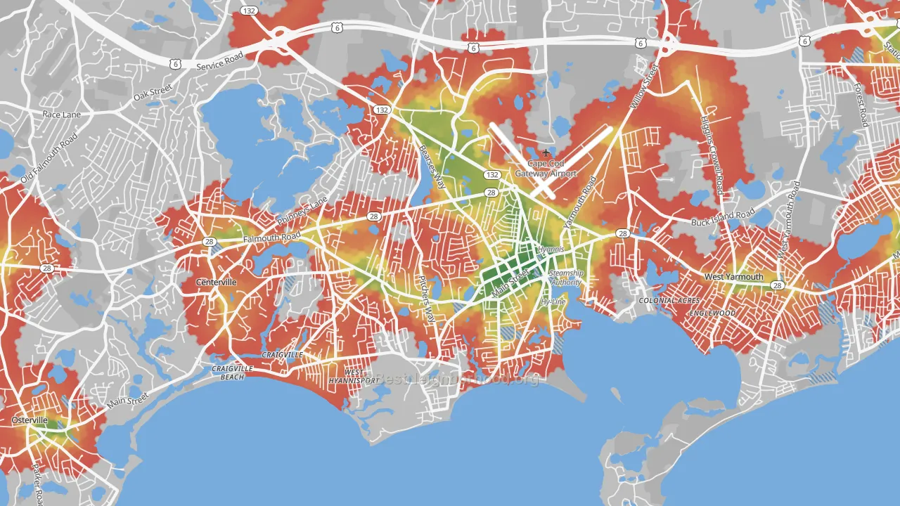 Walk Grade map of Hyannis, Barnstable Town, MA, walkable areas in green and car-dependent areas in red