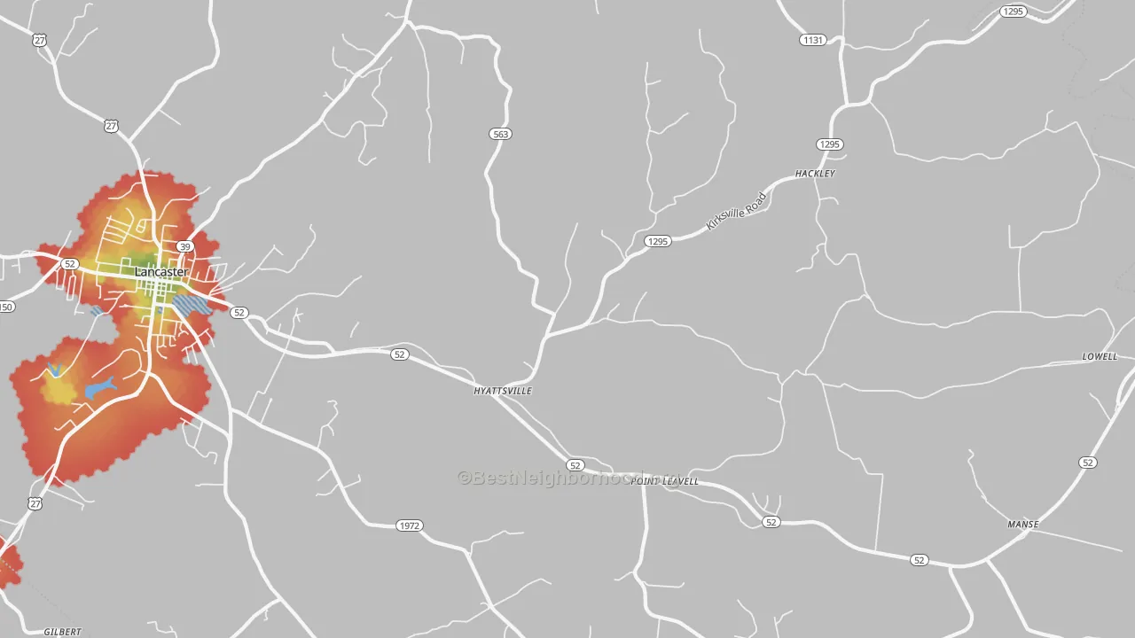Walk Grade map of Hyattsville, KY, walkable areas in green and car-dependent areas in red