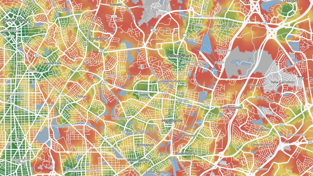 Walk Grade map of Hyattsville, MD, walkable areas in green and car-dependent areas in red