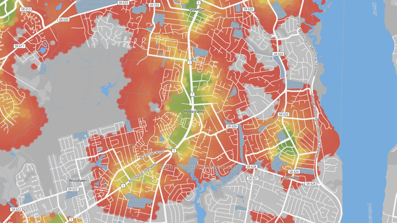 Walk Grade map of Hybla Valley, Alexandria, VA, walkable areas in green and car-dependent areas in red