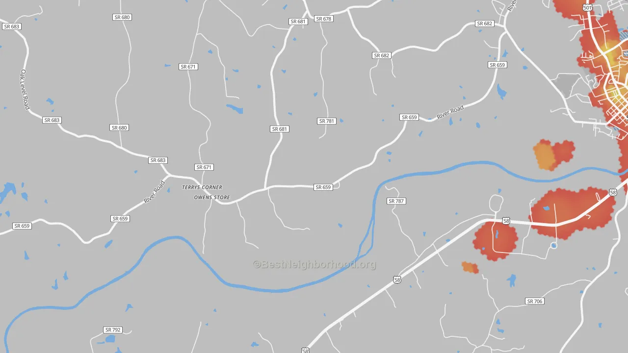 Walk Grade map of Hyco, VA, walkable areas in green and car-dependent areas in red