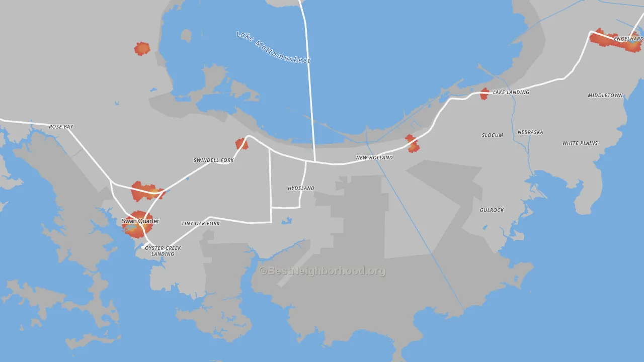 Walk Grade map of Hyde County, NC, walkable areas in green and car-dependent areas in red