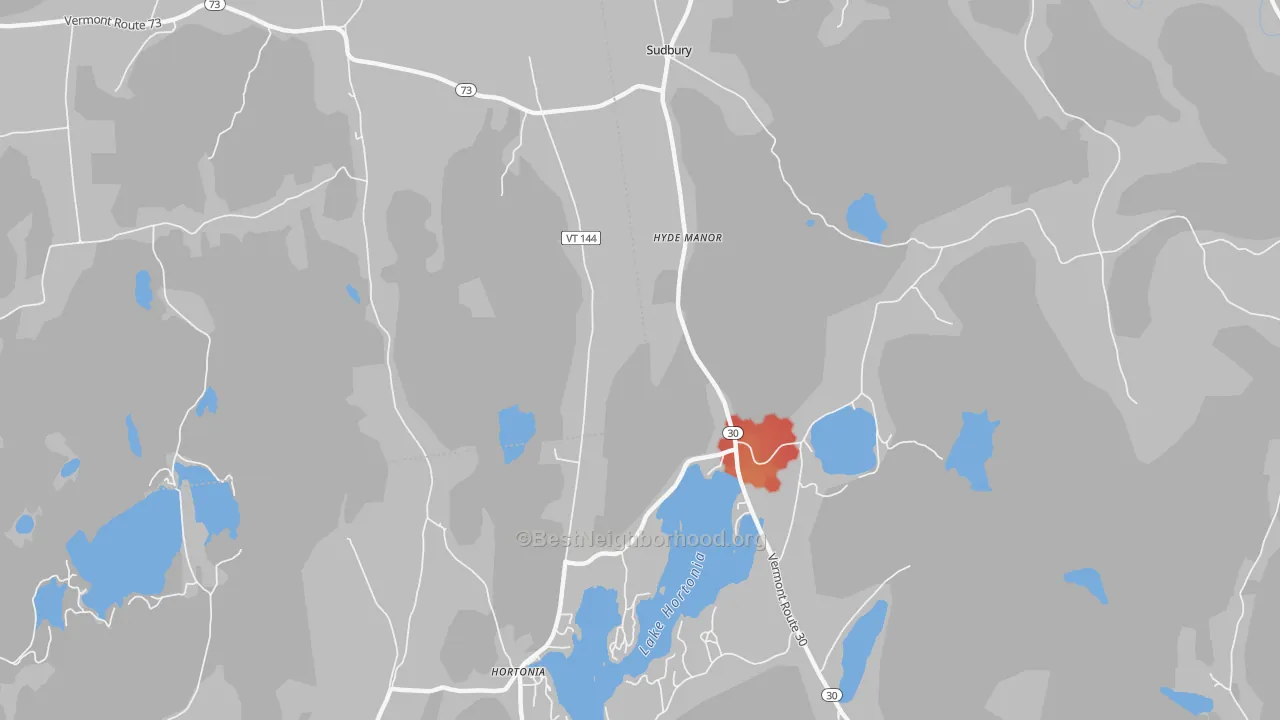 Walk Grade map of Hyde Manor, VT, walkable areas in green and car-dependent areas in red