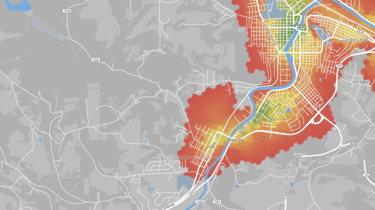 Walk Grade map of Hyde, PA, walkable areas in green and car-dependent areas in red