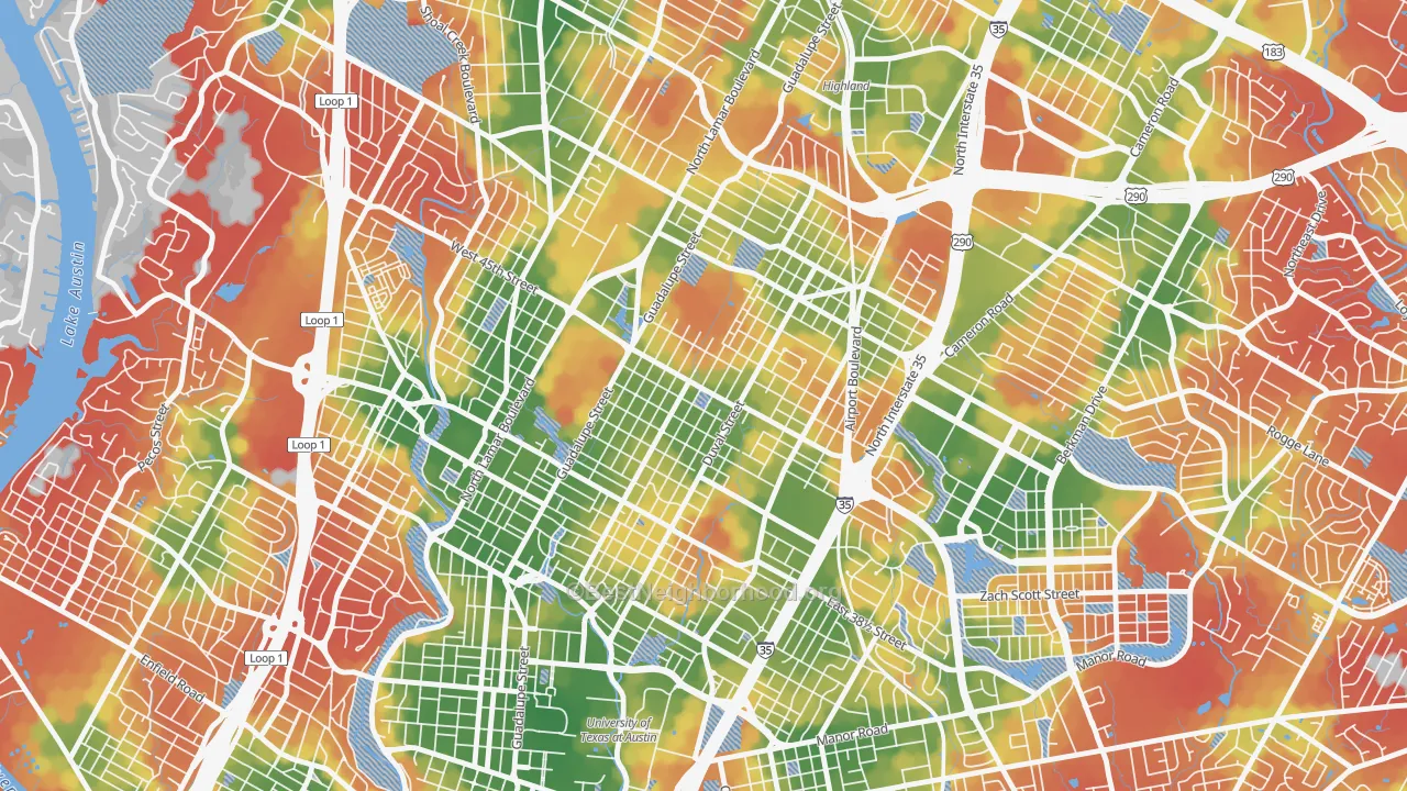 Walk Grade map of Hyde Park, Austin, TX, walkable areas in green and car-dependent areas in red