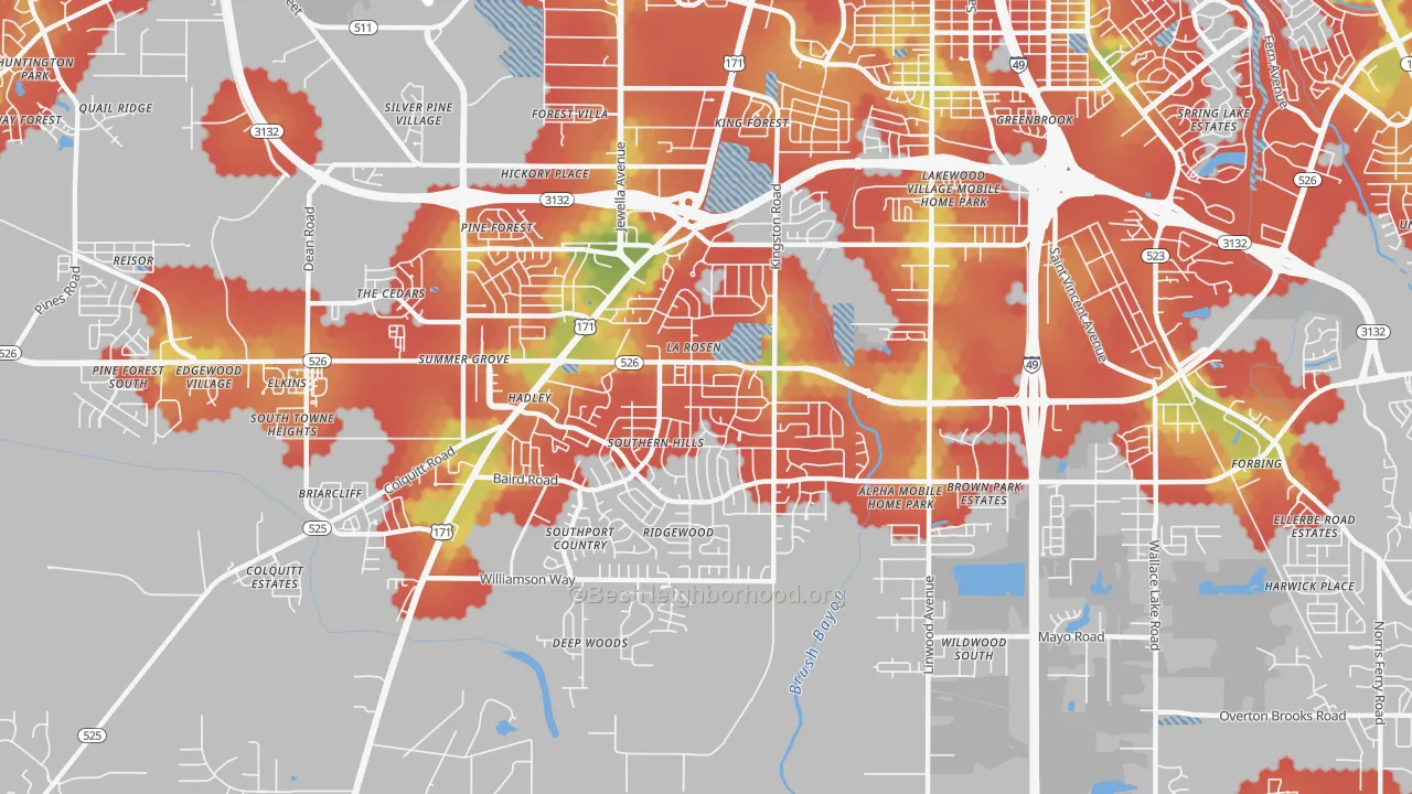 Walk Grade map of Hyde Park-Brookwood-Southern Hills, Shreveport, LA, walkable areas in green and car-dependent areas in red