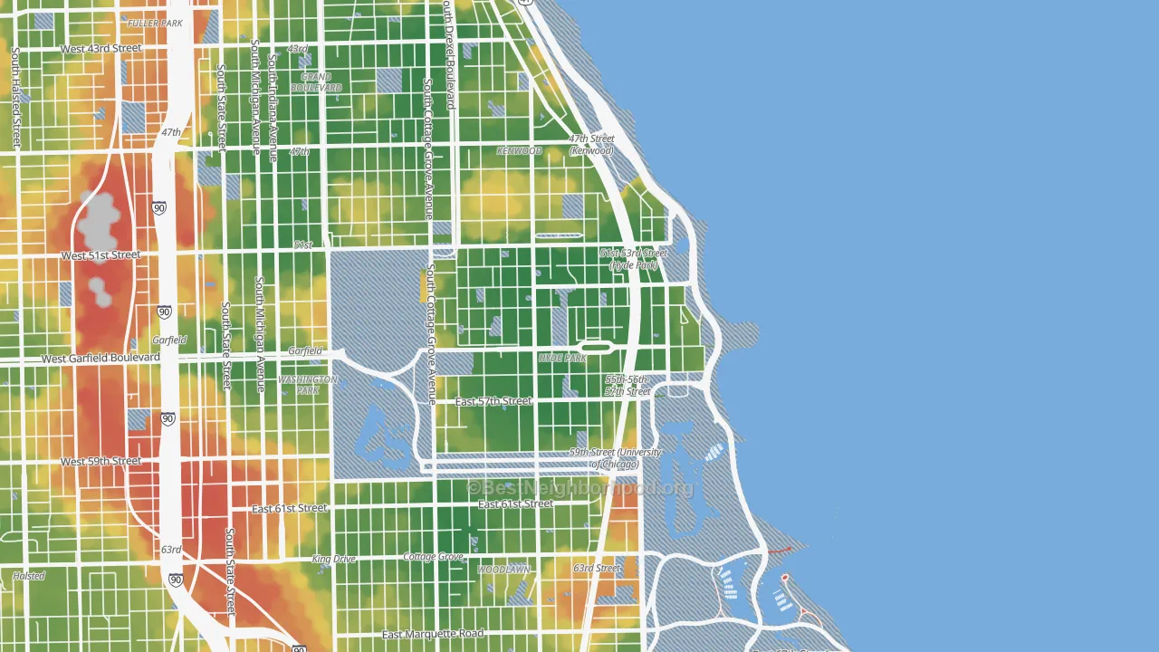 Walk Grade map of Hyde Park, Chicago, IL, walkable areas in green and car-dependent areas in red