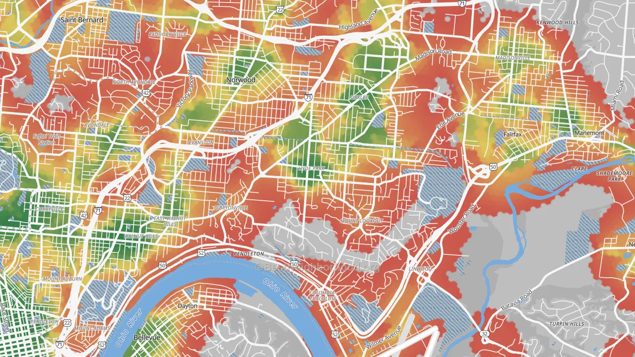 Walk Grade map of Hyde Park, Cincinnati, OH, walkable areas in green and car-dependent areas in red
