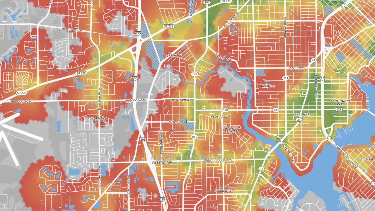 Walk Grade map of Hyde Park, Jacksonville, FL, walkable areas in green and car-dependent areas in red