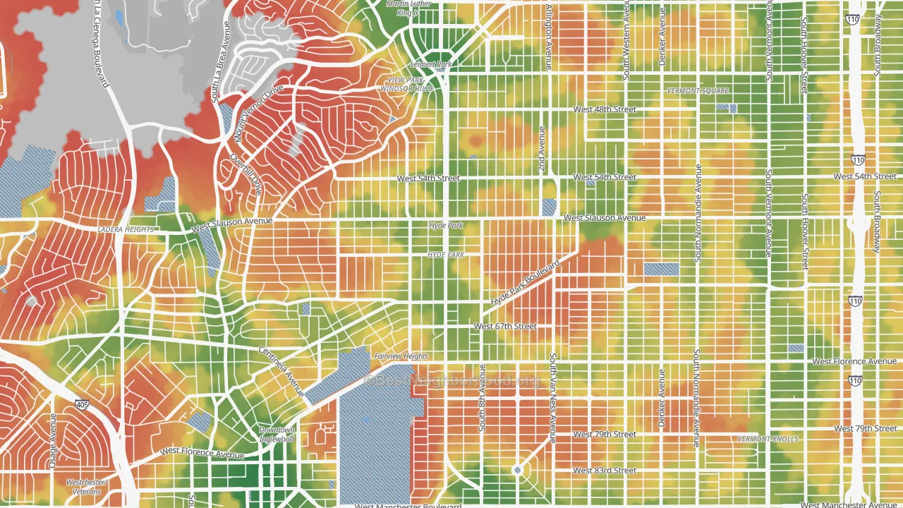 Walk Grade map of Hyde Park, Los Angeles, CA, walkable areas in green and car-dependent areas in red