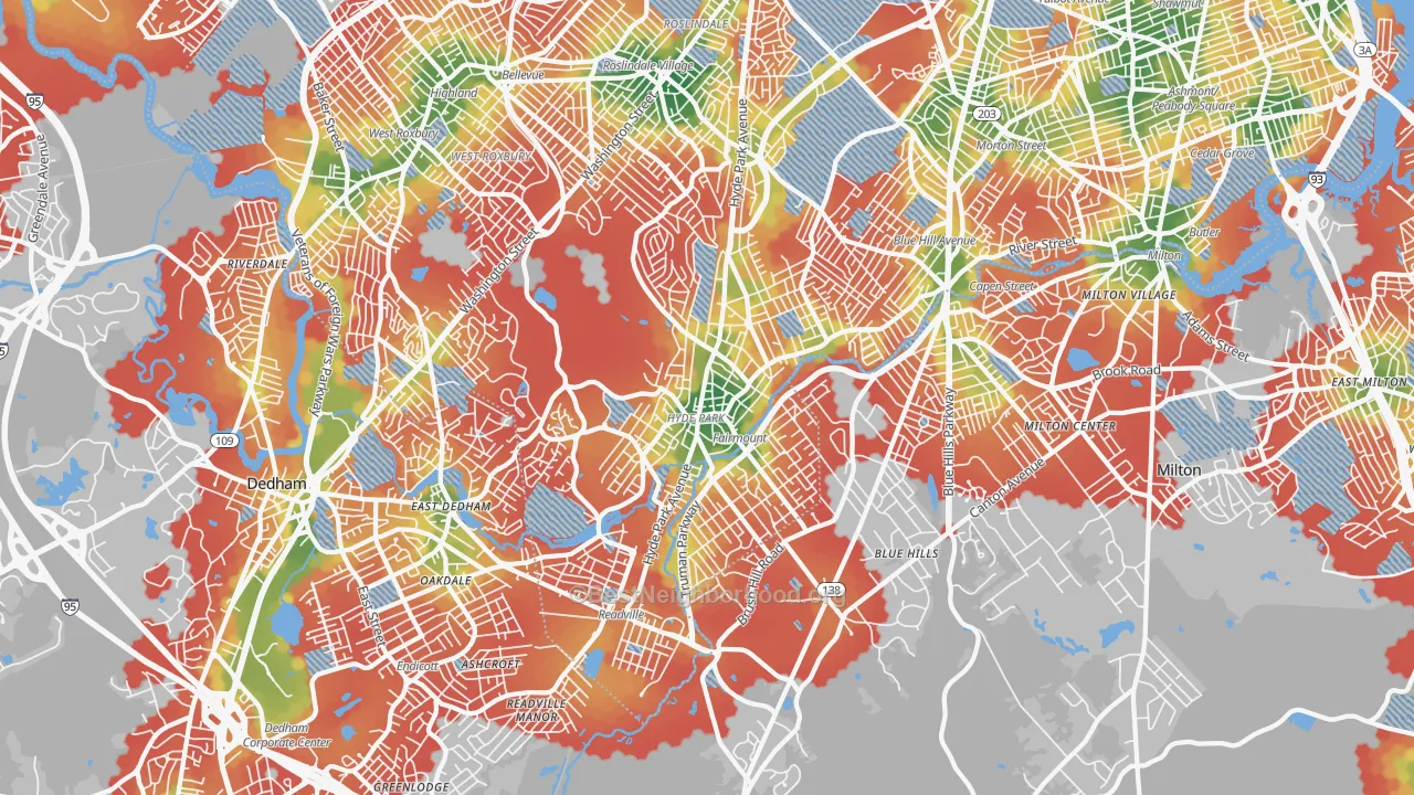 Walk Grade map of Hyde Park, MA, walkable areas in green and car-dependent areas in red