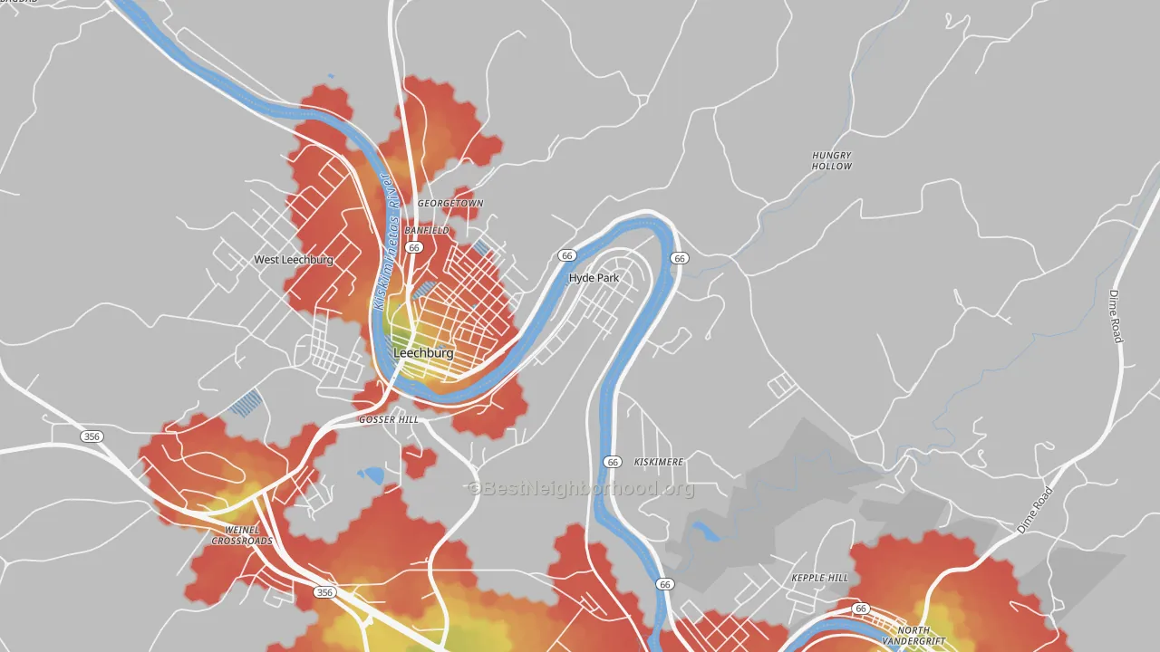 Walk Grade map of Hyde Park, PA, walkable areas in green and car-dependent areas in red