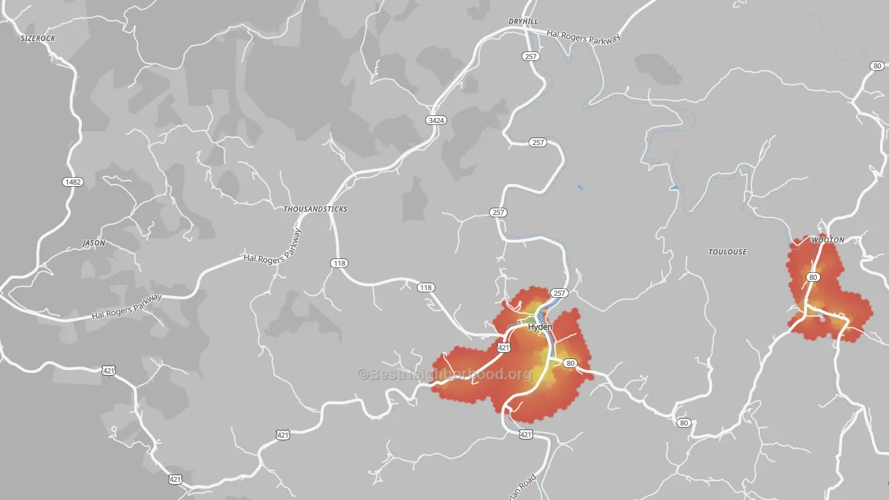 Walk Grade map of Hyden, KY, walkable areas in green and car-dependent areas in red