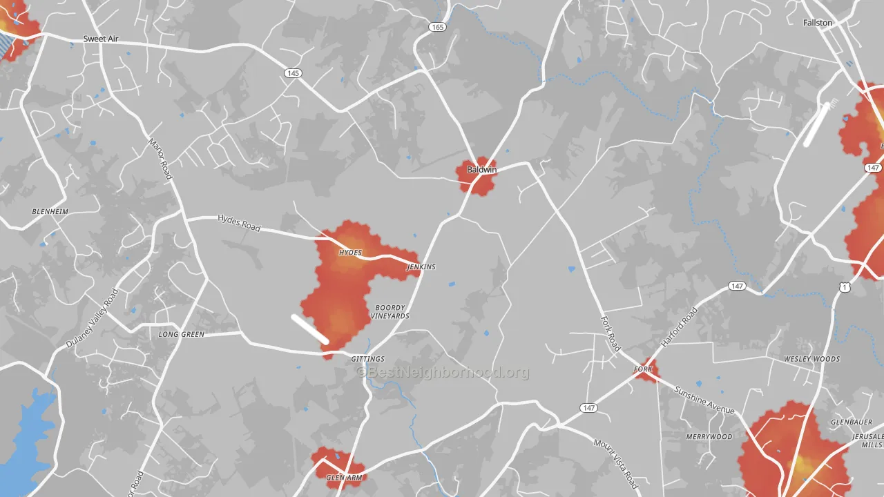 Walk Grade map of Hydes, MD, walkable areas in green and car-dependent areas in red