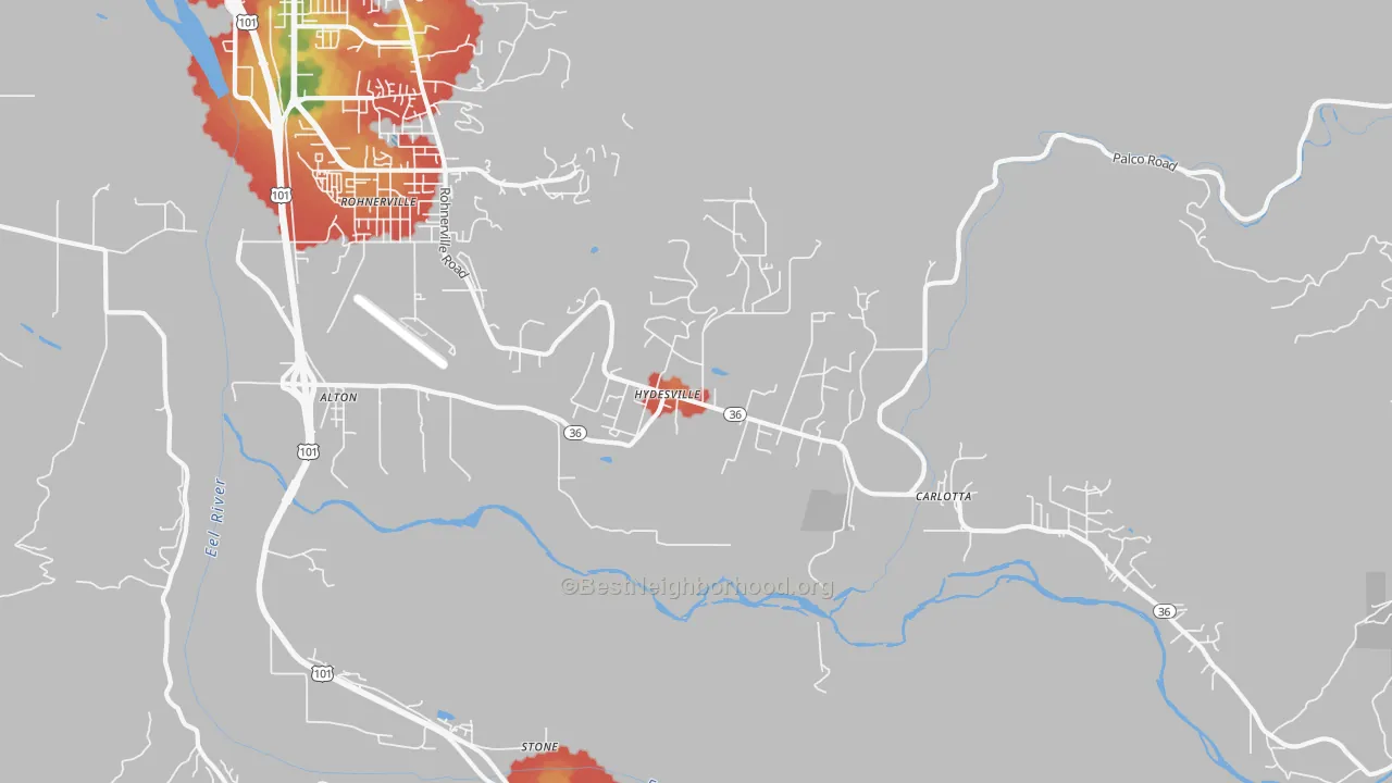 Walk Grade map of Hydesville, CA, walkable areas in green and car-dependent areas in red