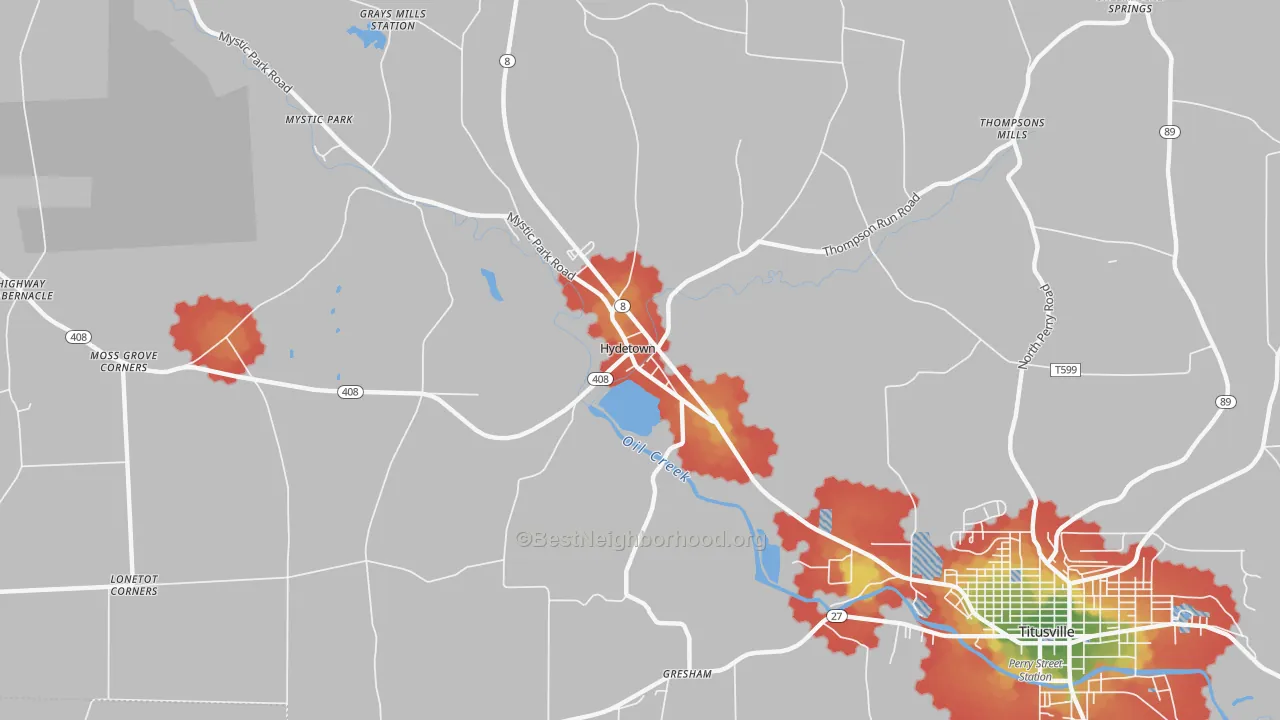 Walk Grade map of Hydetown, PA, walkable areas in green and car-dependent areas in red