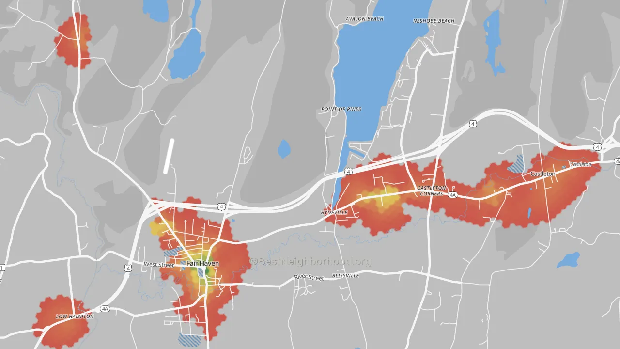 Walk Grade map of Hydeville, VT, walkable areas in green and car-dependent areas in red