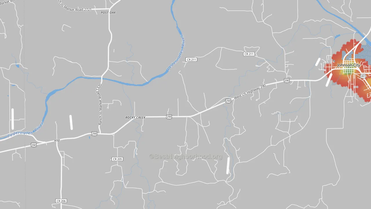 Walk Grade map of Hye, TX, walkable areas in green and car-dependent areas in red