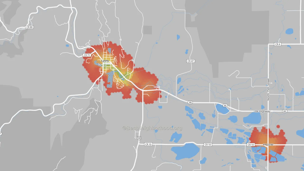 Walk Grade map of Hygiene, CO, walkable areas in green and car-dependent areas in red